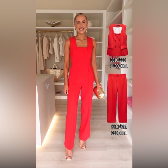 ZARA LINED BUTTON VEST + STRAIGHT LEG PANTS WITH SLIT SET - Picture 6 of 17